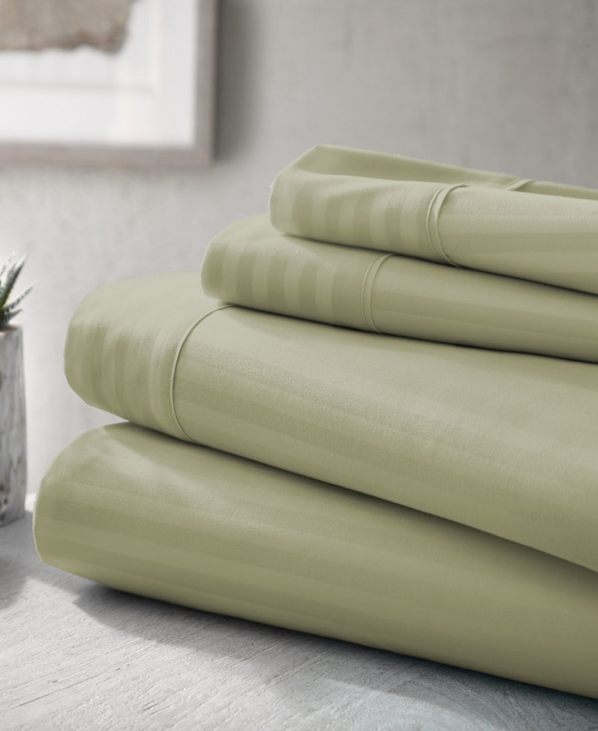 Ienjoy Home Expressed In Embossed By The Home Collection Striped 4 Piece Bed Sheet Set, California King In Sage Striped