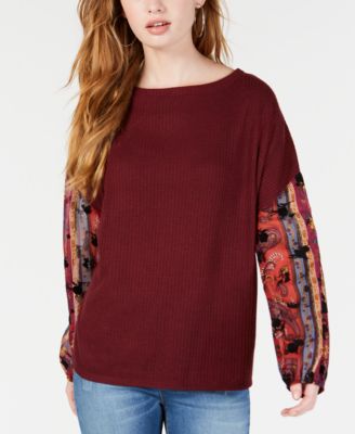 Gypsies & Moondust - Juniors' Printed-Sleeve Waffle-Knit Top
