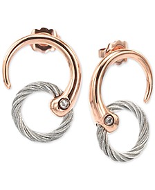 White Topaz Two-Tone Circle Cable Drop Earrings in PVD Stainless Steel and Rose Gold-Tone