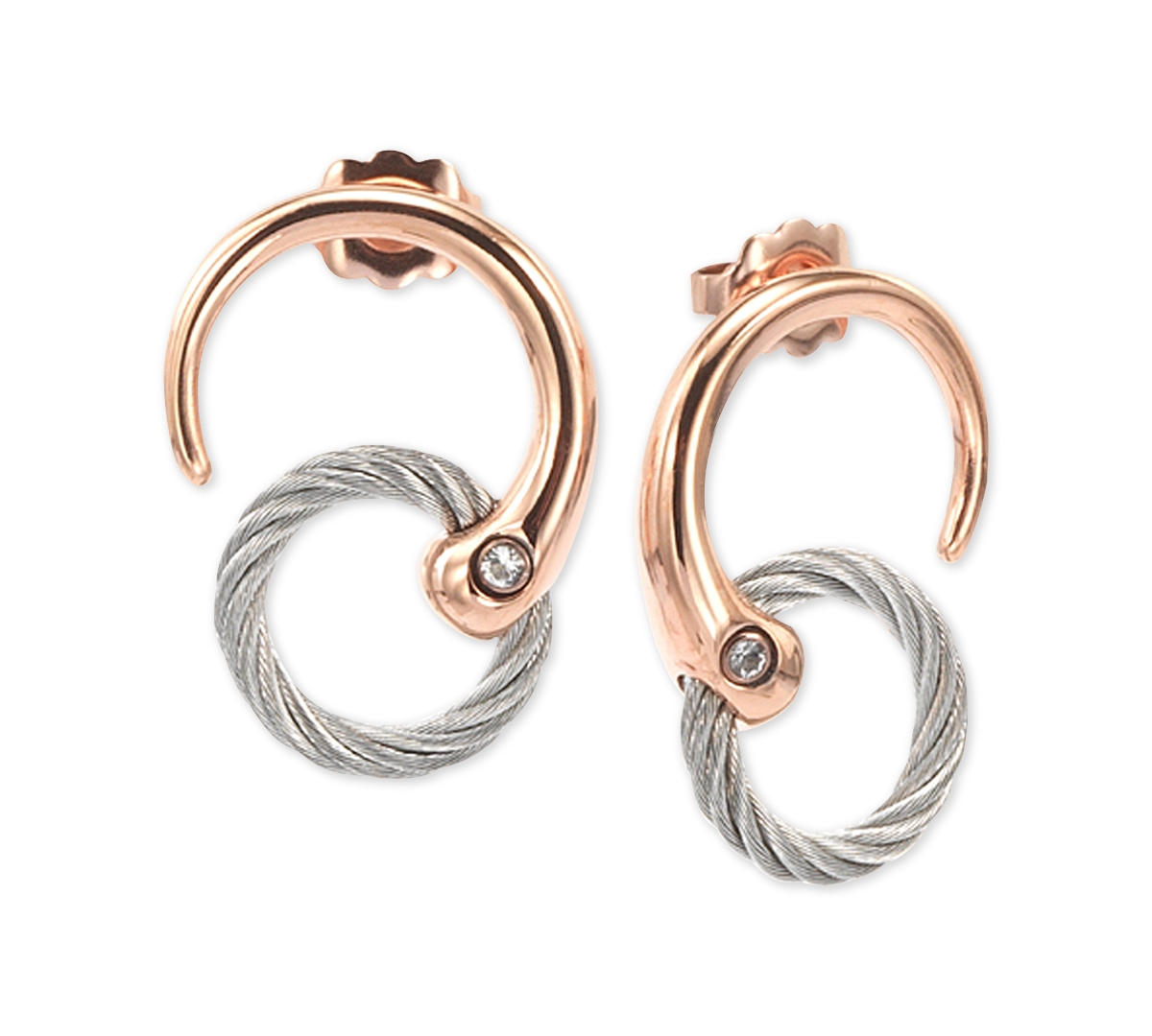 White Topaz Two-Tone Circle Cable Drop Earrings in Pvd Stainless Steel and Rose Gold-Tone - Rose Gold/Stainless Steel