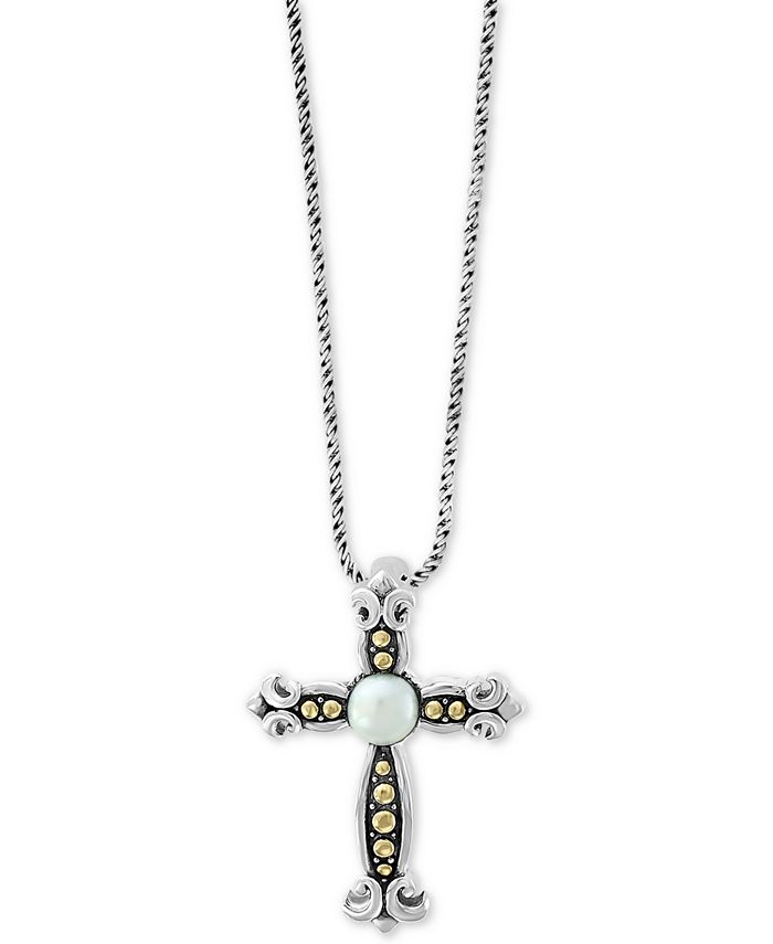 EFFY Collection - Cultured Freshwater Pearl (6mm) Cross 18" Pendant Necklace in Sterling Silver & 18k Gold Over Silver