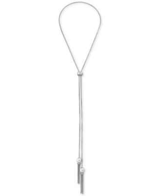 Majorica - Stainless Steel Imitation Pearl & Chain Tassel 37" Adjustable Lariat Necklace
