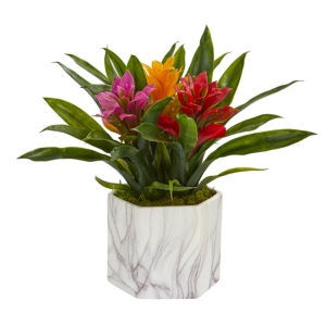 NEARLY NATURAL BROMELIAD ARTIFICIAL PLANT IN MARBLE FINISHED VASE 