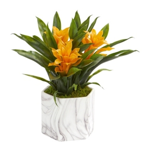 NEARLY NATURAL BROMELIAD ARTIFICIAL PLANT IN MARBLE FINISHED VASE 