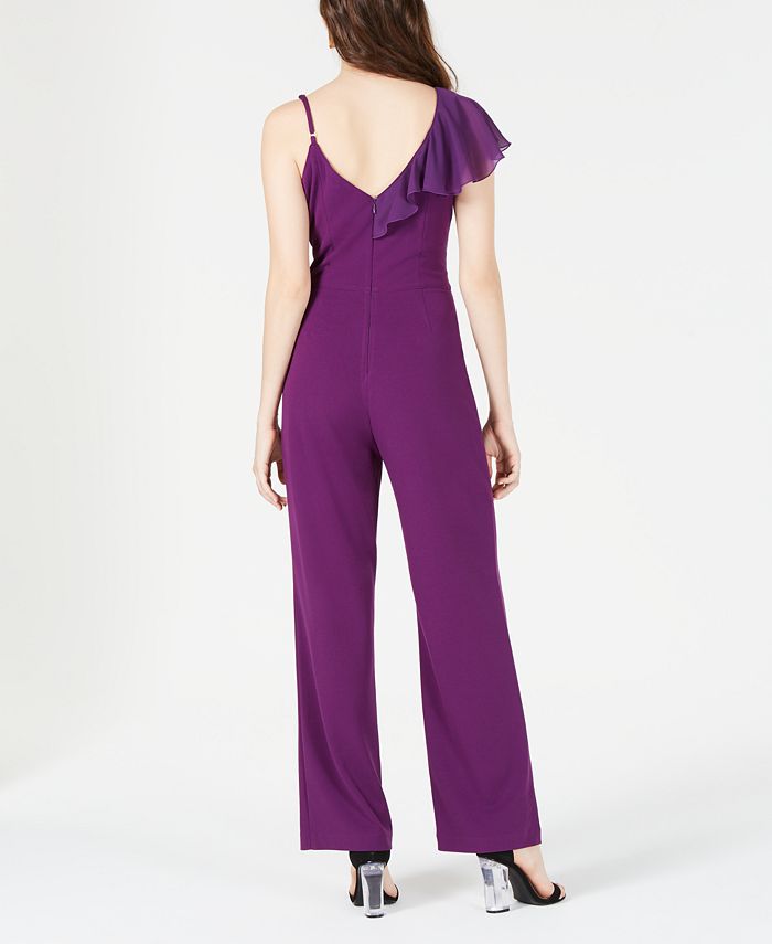 XOXO Women's Juniors Velvet Ruffled Jumpsuit - One Shoulder, Palazzo Legs, Ankle Length