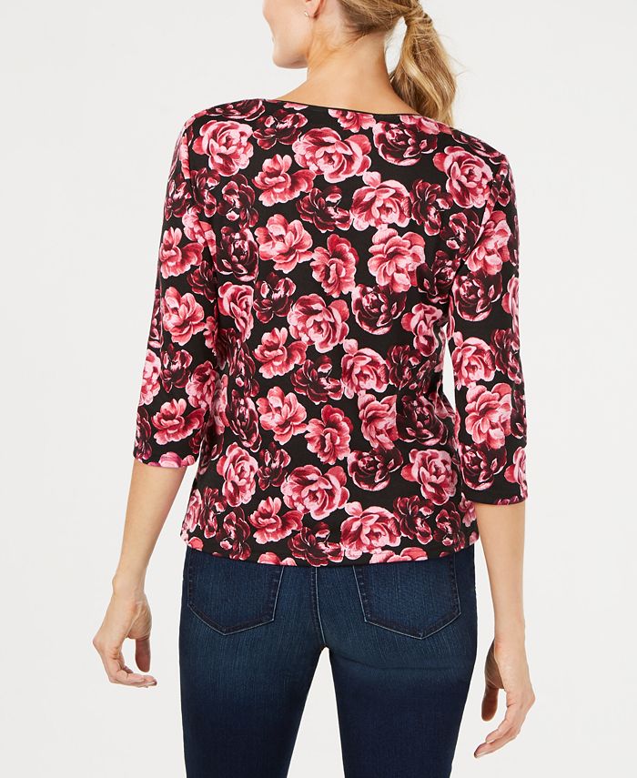 Karen Scott Womens Petite Ditsy Floral Striped Pocket Top Red Size Petite Large 1