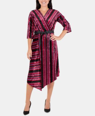 NY Collection - Striped Velvet Faux-Wrap Dress