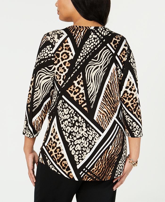 JM Collection Plus Size Geometric Animal-Print Top, Created for Macy's ...