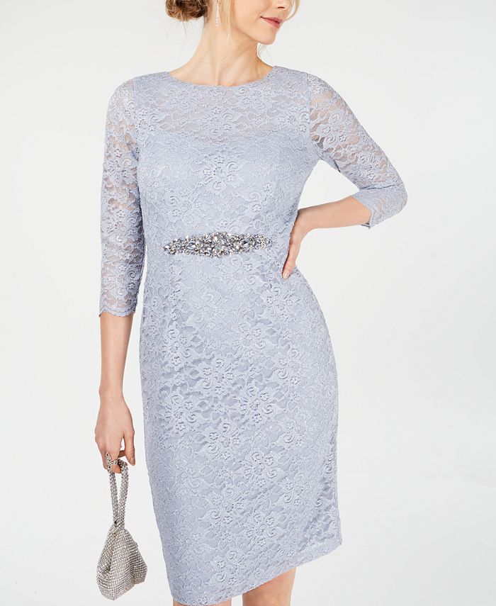 Jessica Howard Lace Dress Jessica Howard Lace Sheath Dress JEWELED Sz 16  Ice Blue Sparkle
