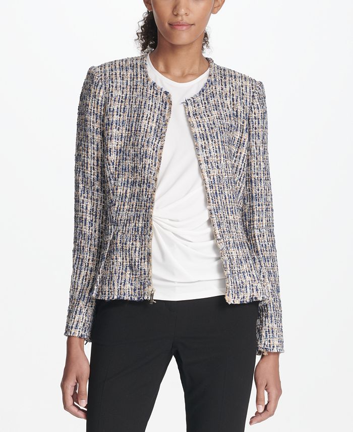 DKNY Zip-Front Tweed Peplum Jacket - Macy's