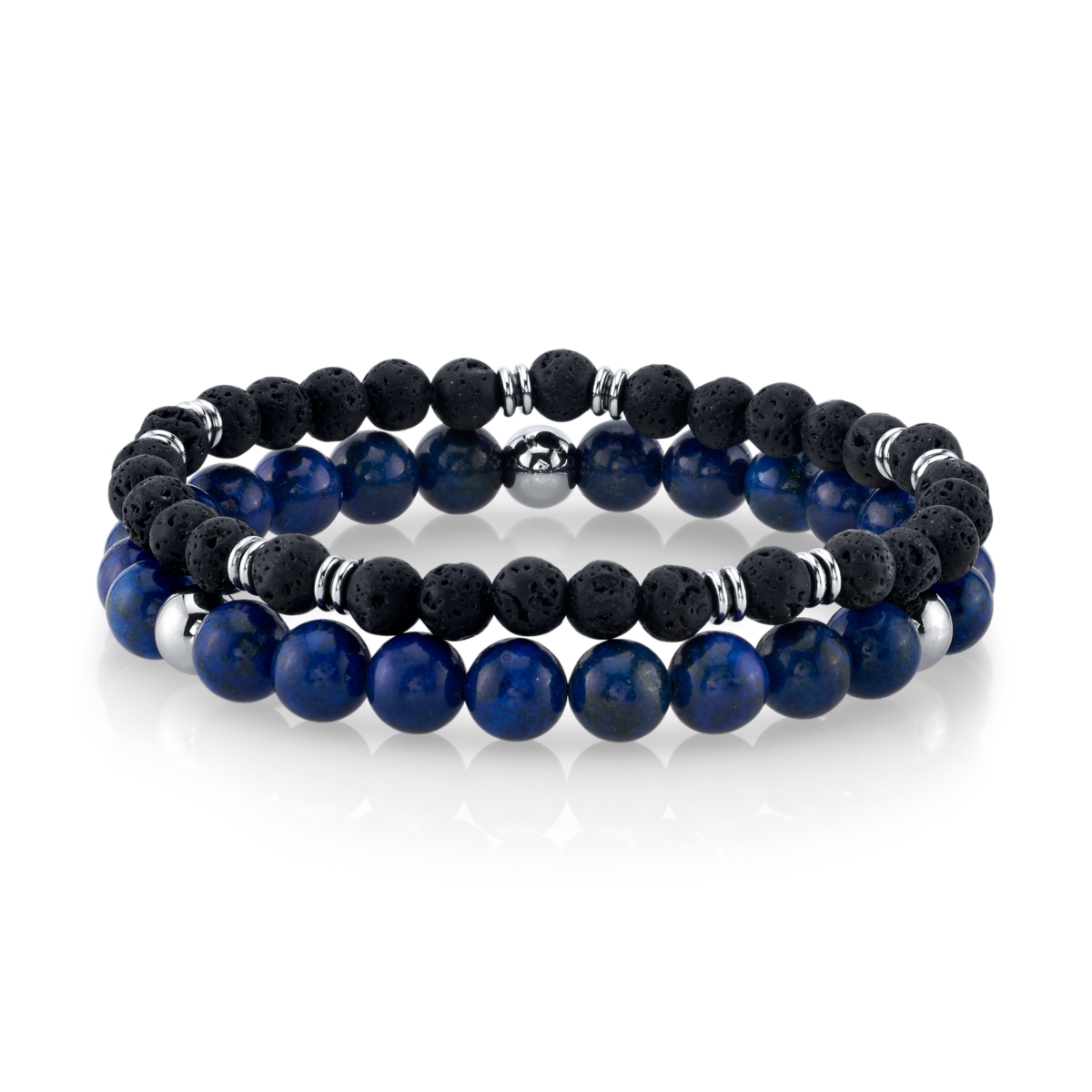 He Rocks Lapis Stone and Black Lava Bead Double Bracelet with Stainless Steel Beads, 8.5"
