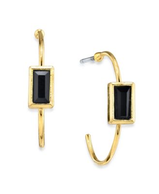14K Gold-tone Square Crystal Open Hoop Stainless Steel Post Small Earrings 