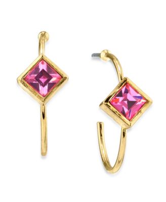 14K Gold-tone Diamond Shape Crystal Open Hoop Stainless Steel Post Small Earrings 