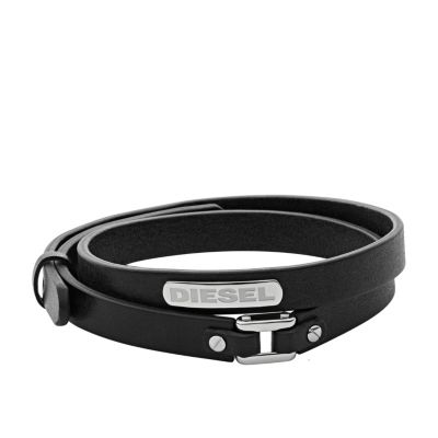 Diesel - Men's Stacked Stainless-Steel and Black Leather Bracelet