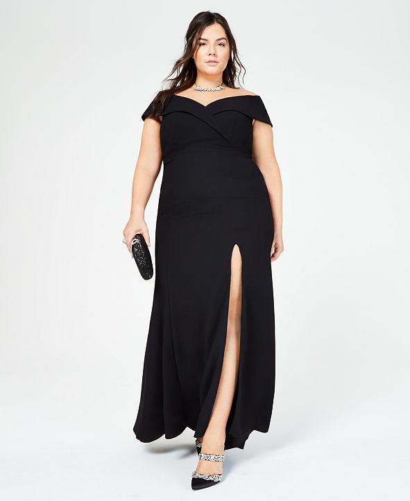 XSCAPE Plus Size Off-The-Shoulder Slit Gown & Reviews - Dresses - Women ...