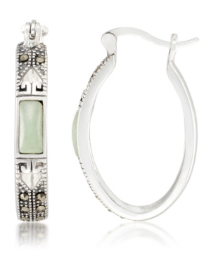 image of Jade (7.5 x 5.3mm) & Marcasite Oval Hoop Earrings in Sterling Silver