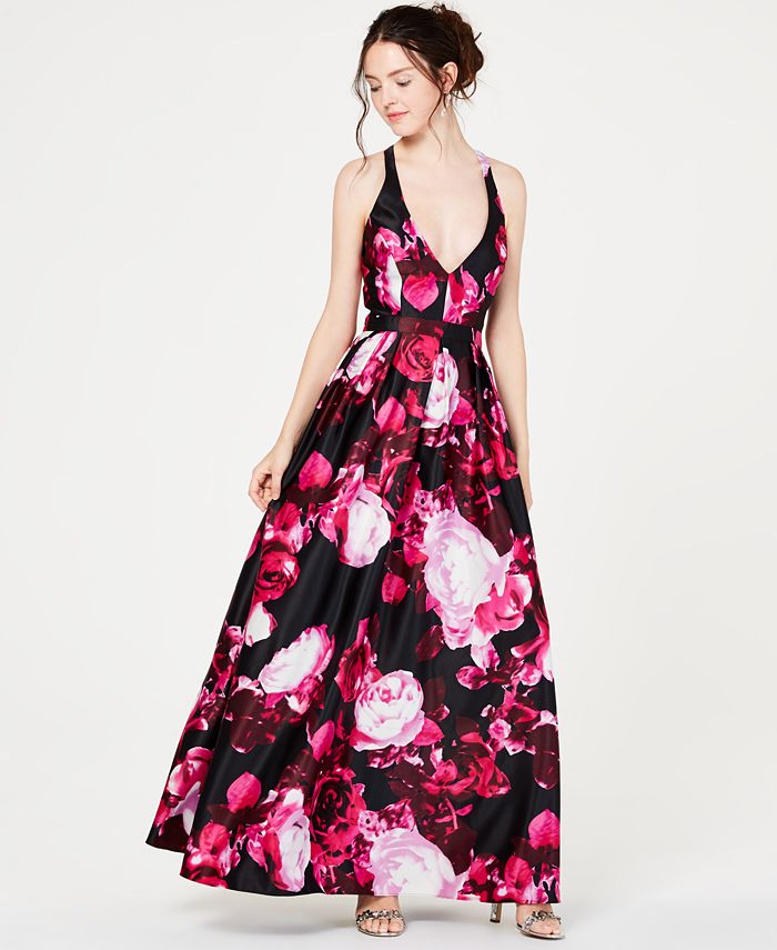 Jump Juniors' Bright-Floral Halter-Neck Gown - Macy's