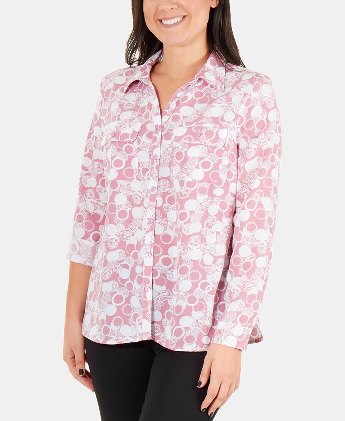 NY Collection Printed Roll-Tab Button-Up Blouse - Macy's