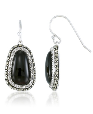 image of Onyx (16x9mm), Crystal & Marcasite Earrings in Sterling Silver