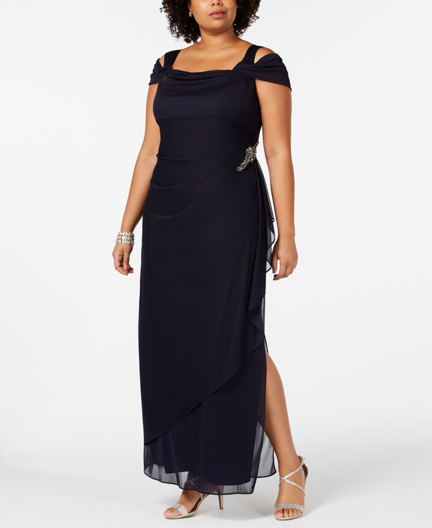 Женские платья Alex Evenings Plus Size Embellished Cold-Shoulder Gown, цвет: Тёмно-синий — фото 1