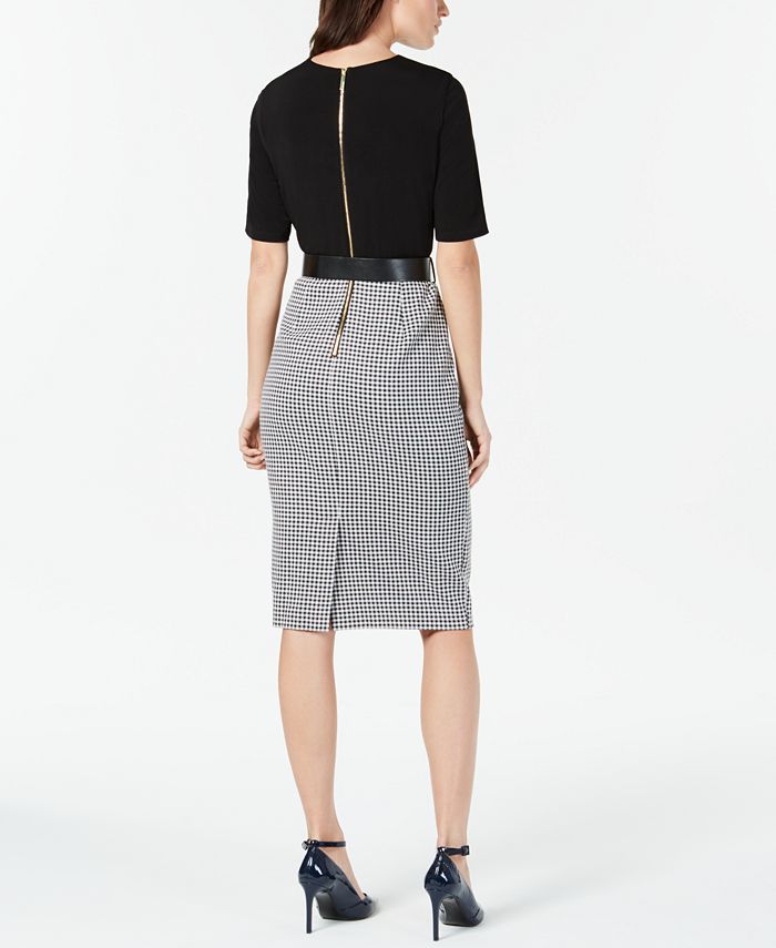 Calvin Klein Belted Solid & Houndstooth Sheath Dress - Macy's