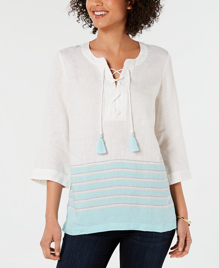 Charter Club Linen LaceUp Striped Top, Created for Macy's Macy's