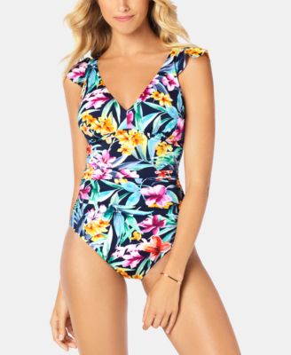 Swim Solutions - Flounce-Shoulder One-Piece Swimsuit