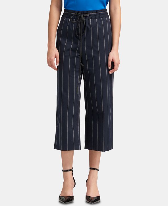 DKNY Striped Wide-Leg Cropped Pants With Faux-Leather Tie & Reviews ...