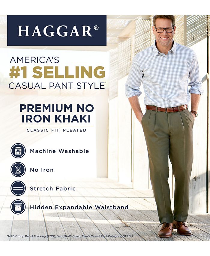 Haggar Men's Premium Comfort Classic Fit Flat Front Expandable Waist Pant, Blue, 40Wx29L
