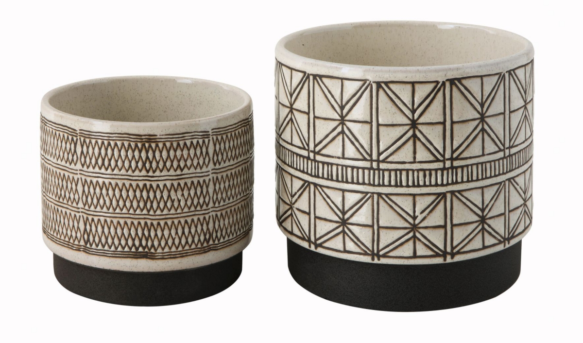 Various Round Decorative Stoneware Planters with Geometric Lines, Brown and White, Set of 2 - Black