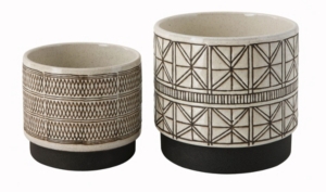 3r Studio Various Round Decorative Stoneware Planters With Geometric Lines, Brown And White, Set Of 2 In Black