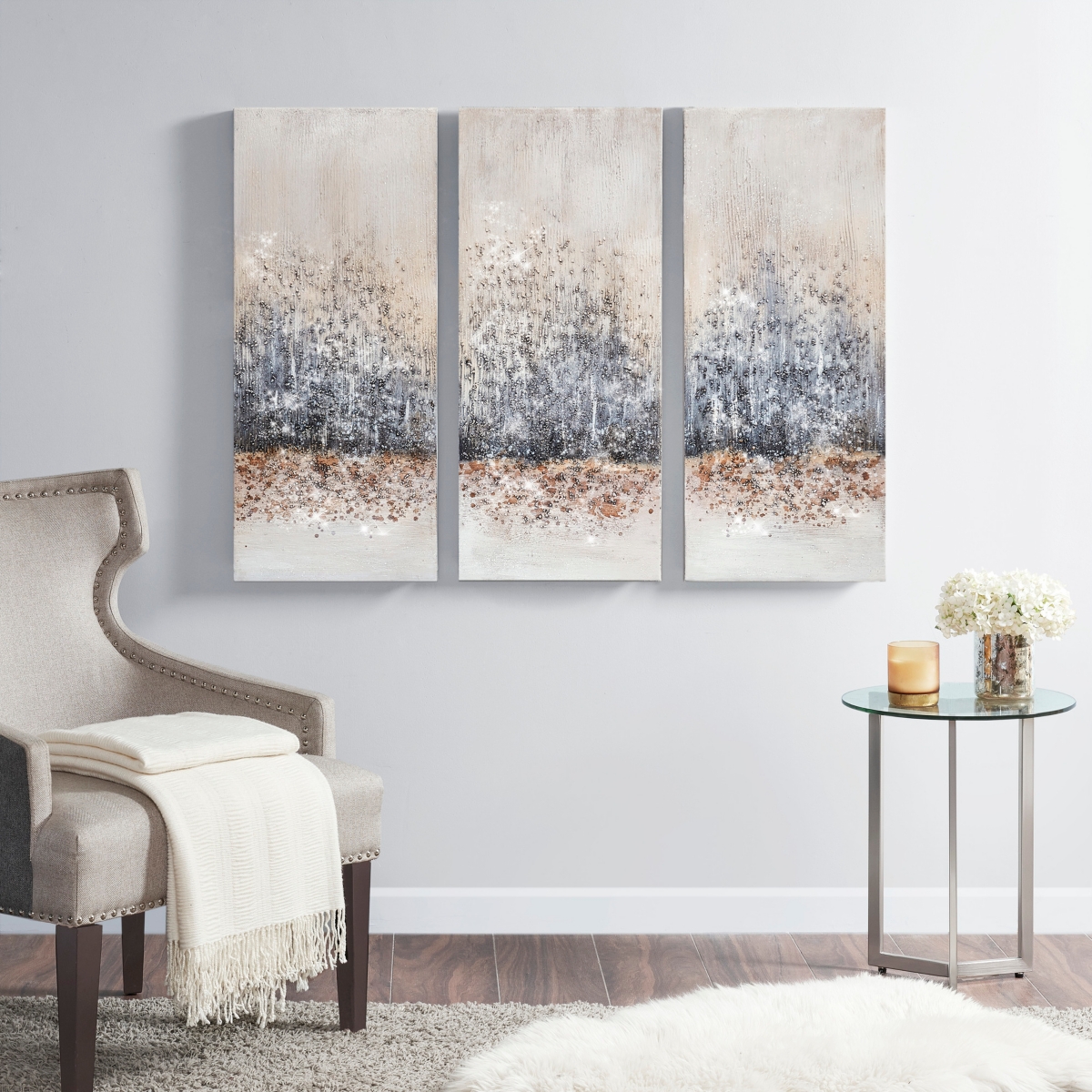 Madison Park Twilight Mystere Hand Brush Embellished Canvas, Set of 3 -grey
