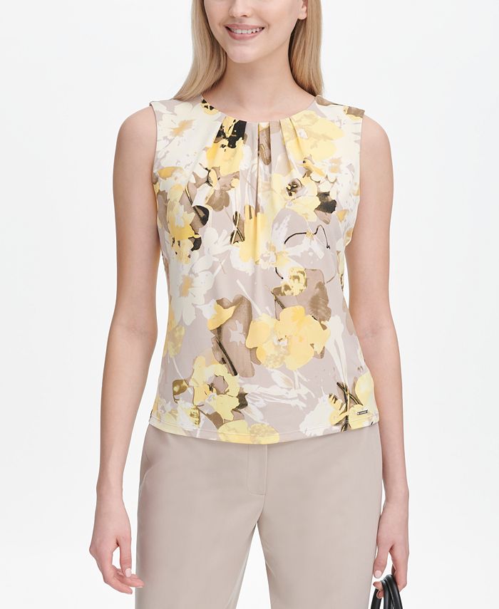 Calvin Klein Floral-Print Pleat-Neck Top - Macy's