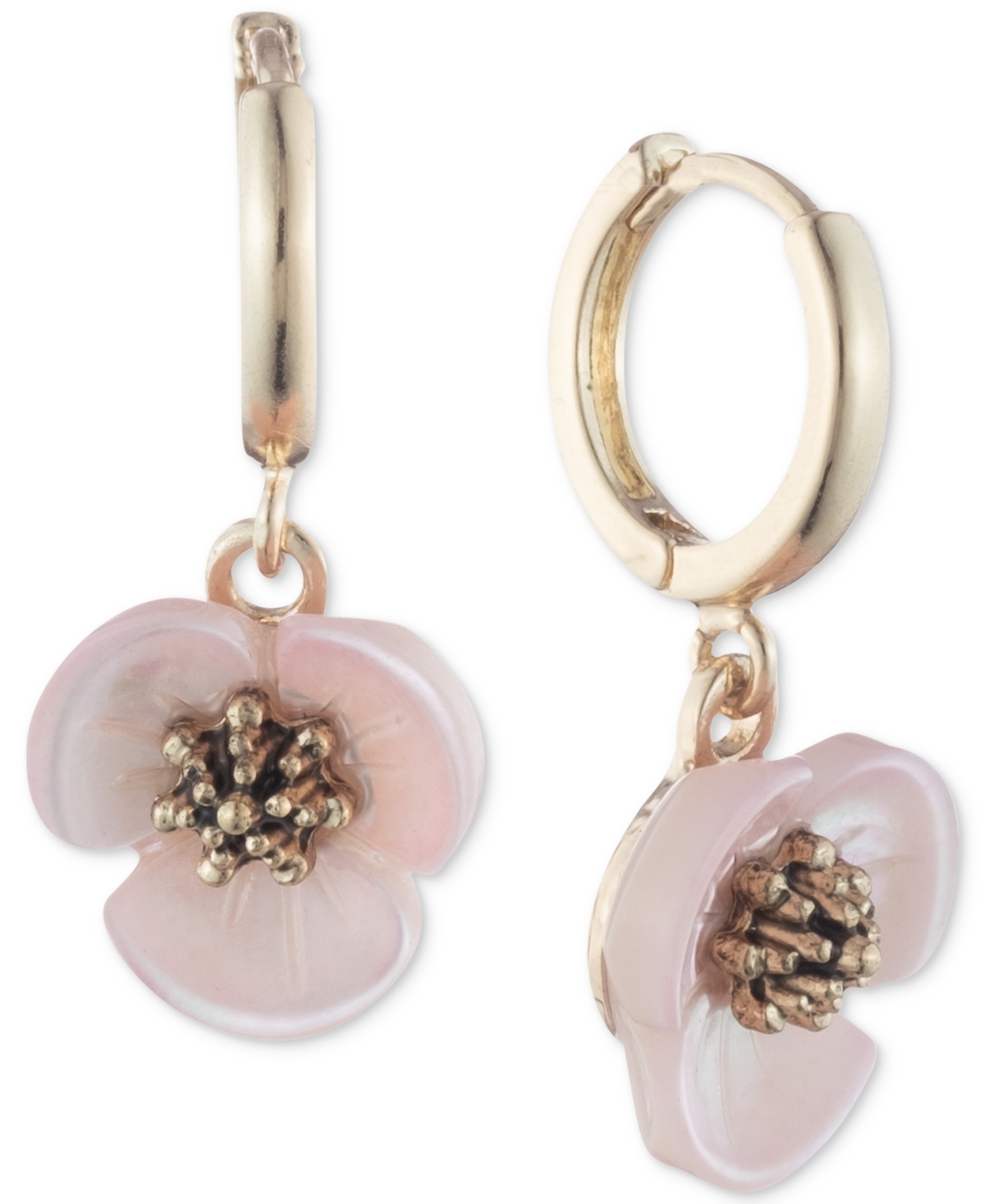 Gold-Tone Imitation Mother-of-Pearl Flower Drop Off Small Hoop Earrings - Pink