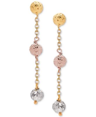 Italian Gold - Tricolor Textured Ball Triple Drop Earrings in 14k Gold, White Gold, & Rose Gold