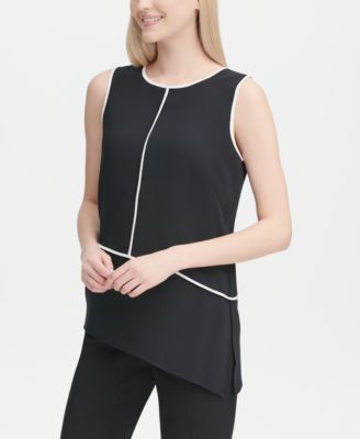 Calvin Klein - Sleeveless Piped Asymmetrical-Hem Top