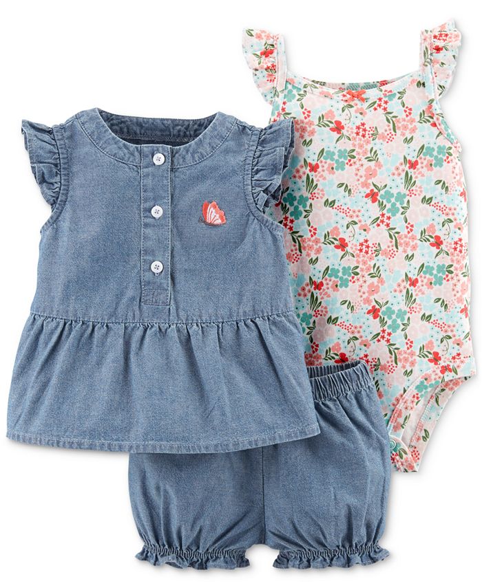 Carter's baby girls ruffled bodysuit heart top & top chambray shorts set