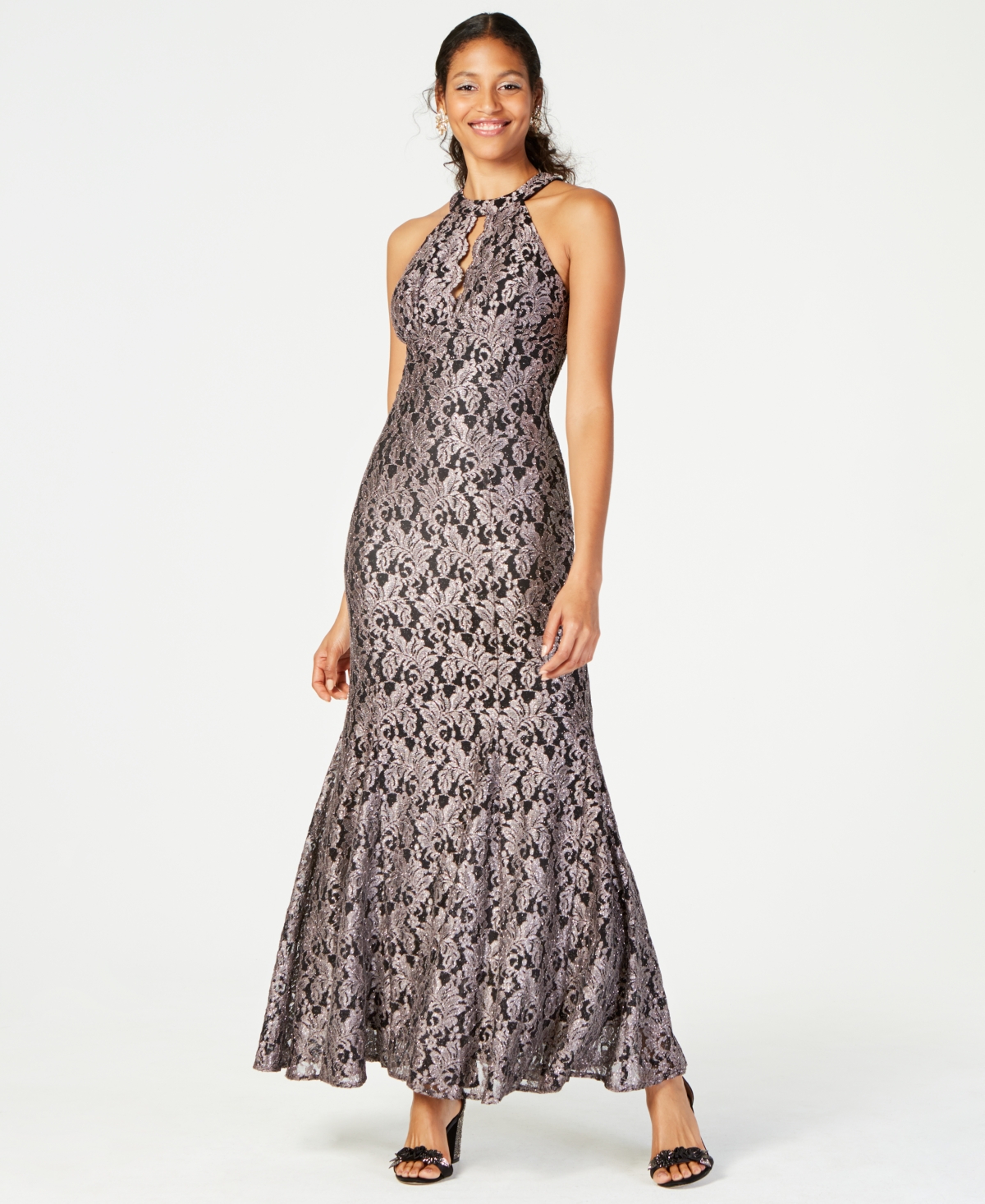 Nightway Glitter-lace Keyhole Gown In Black,taupe