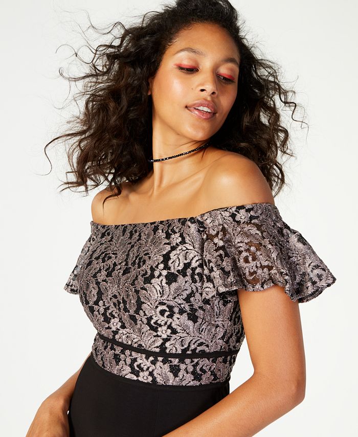 Nightway Petite Off-The-Shoulder Lace Gown - Macy's