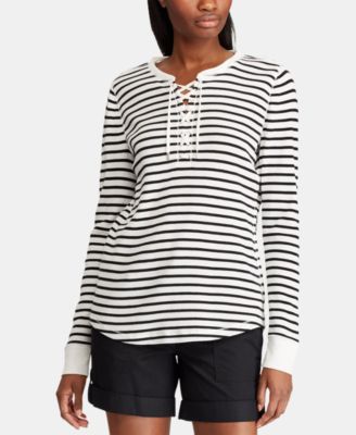 Lauren Ralph Lauren - Lace-Up Striped Waffle-Knit Cotton Top