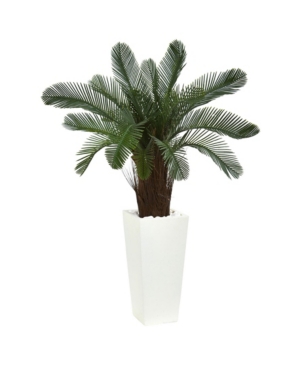 Nearly Natural 40" Cycas Artificial Tree In White Tower Planter Uv Resistant In Green