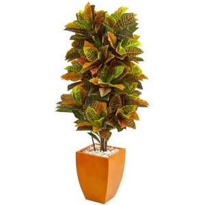 Nearly Natural 5.5' Croton Artificial Plant In Orange Planter In Green
