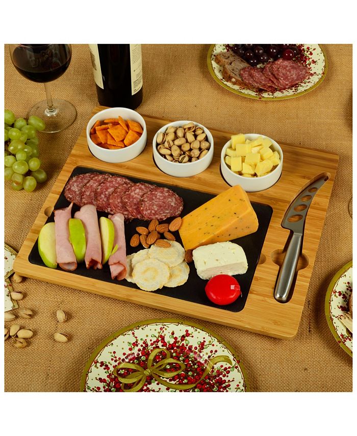 Picnic At Ascot Deluxe Bamboo, Slate Cheese Board, 3 Bowls