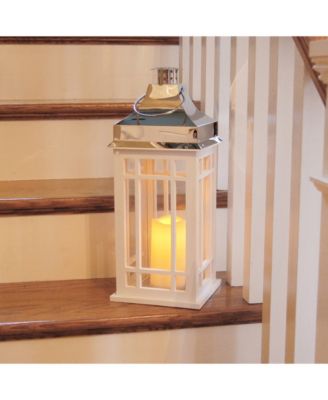Lumabase White Wooden Lantern with Chrome Roof and LED Candle