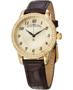 image of Stuhrling Original Classy Ladies Ultra Slim Quartz Watch, Gold Tone Case on Brown Alligator Embossed Genuine Leather Strap, Crystals on Gold Tone Bezel, Gold Tone Dial With Crystal and Black Accents