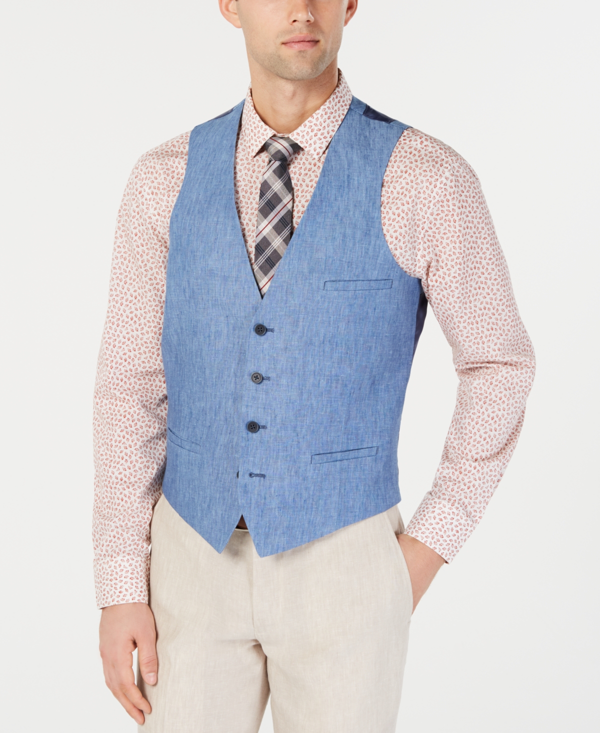 Bar Iii Men's Slim-fit Linen Suit Vest, Created For Macy's In Blue Linen
