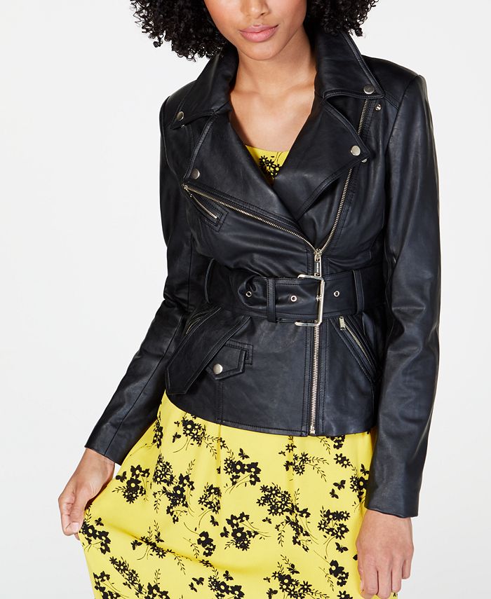 Michael Kors Belted Faux-Leather Moto Jacket - Macy's