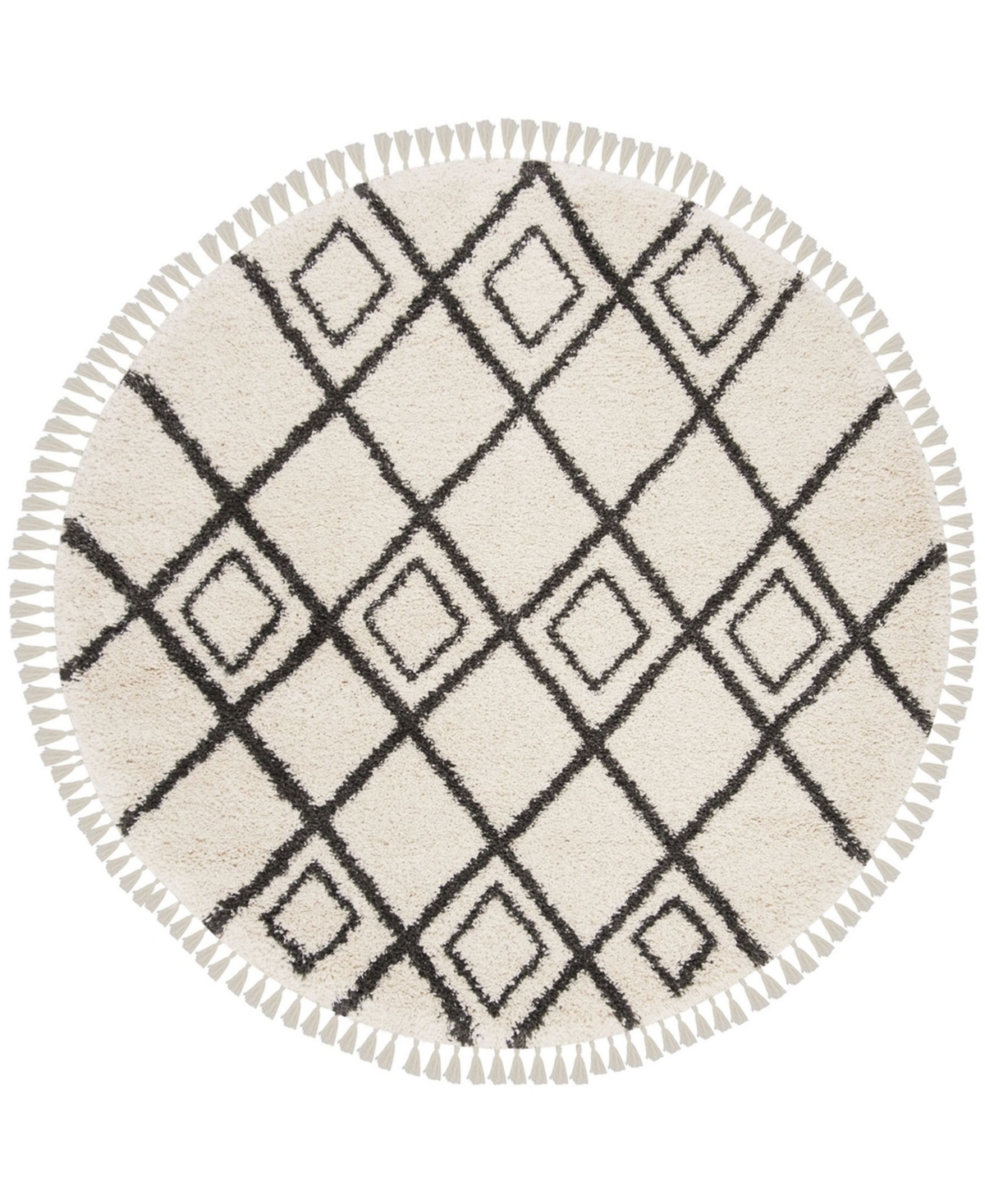 Safavieh Moroccan Fringe Shag Cream and Charcoal 6'7in X 6'7in Round Area Rug - Cream