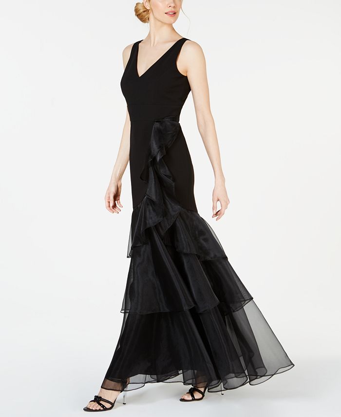 Calvin Klein V-Neck Organza Ruffle Gown - Macy's