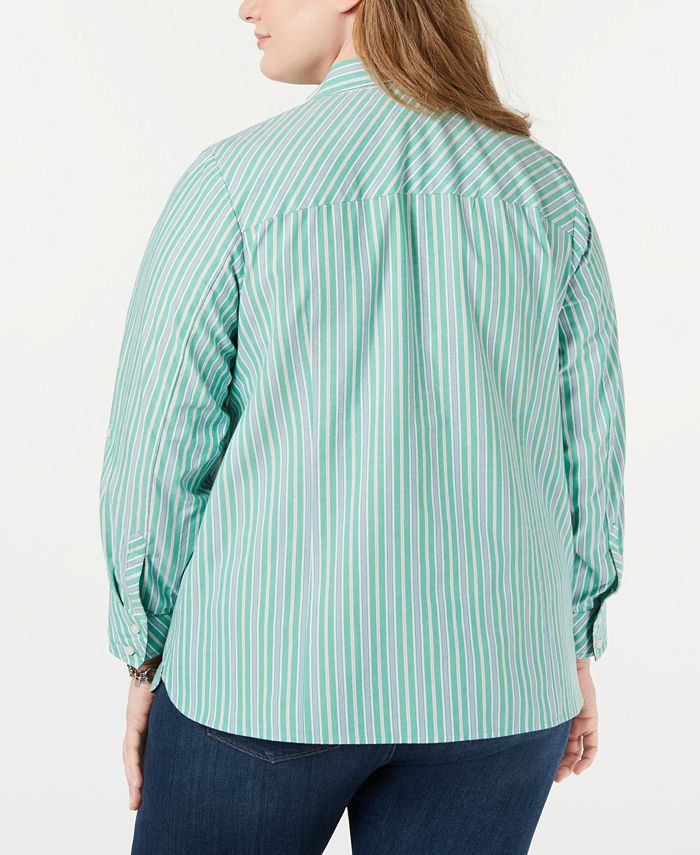 Tommy Hilfiger Plus Size Striped Cotton Roll-Tab Shirt - Macy's